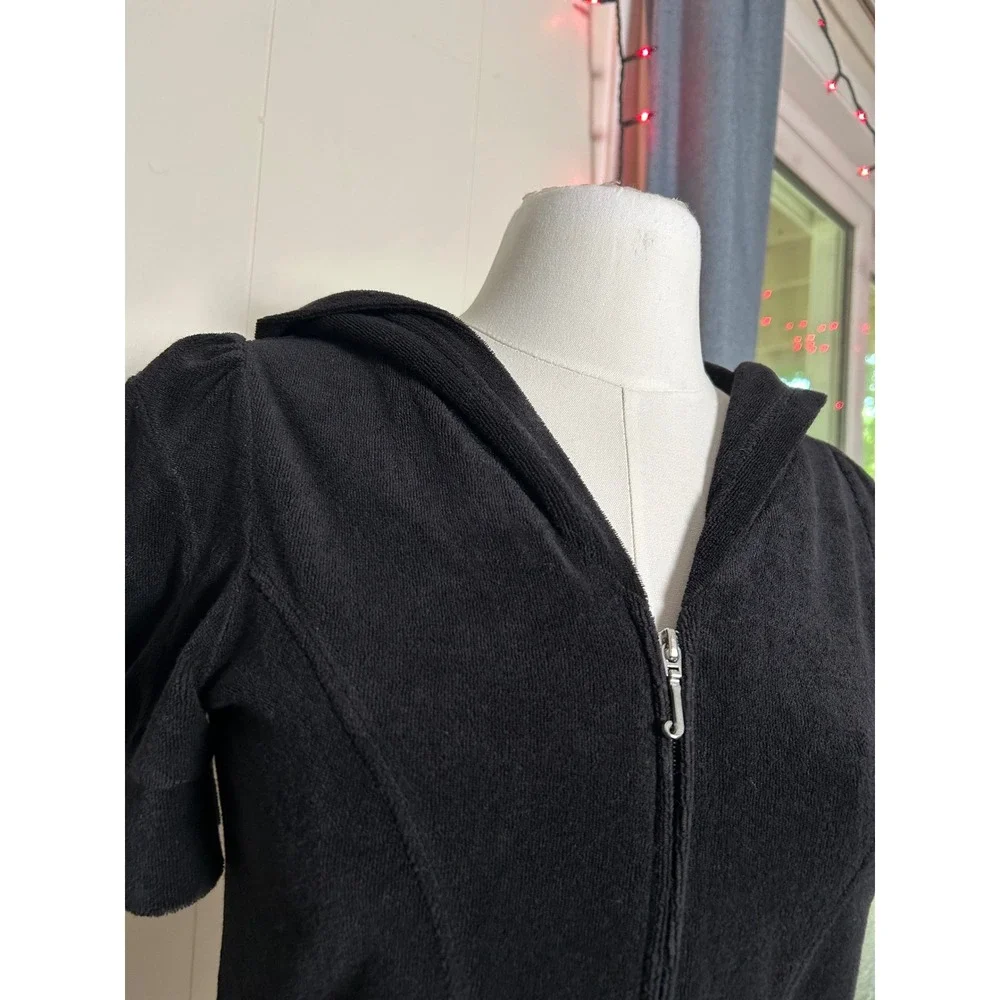 Y2K 2000s VTG Juicy Couture Black Terry Cloth Short Sleeve Zip Up Hoodie S - Picture 2 of 8